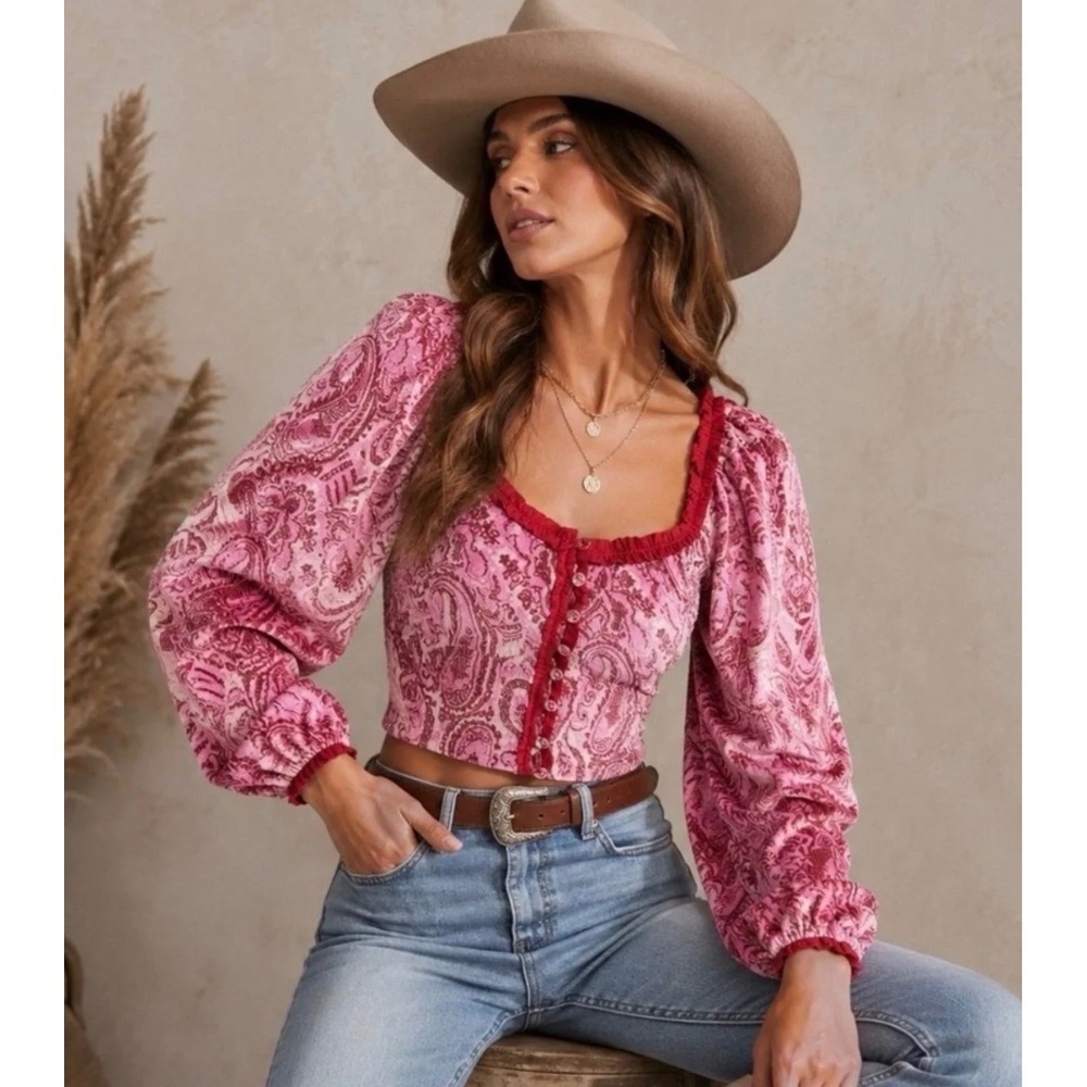 Free People Top Pink Velvet Smocked Festival Fairy Boho Romantic Medium